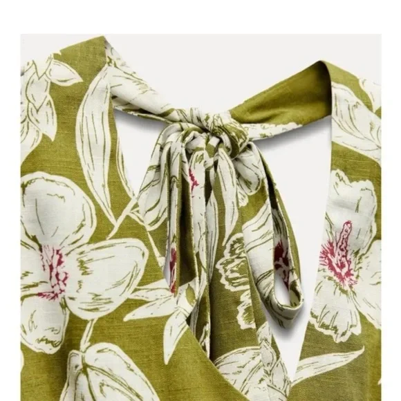 Zara Olive Green Floral Tie Halter Dress size Large - Picture 5 of 8